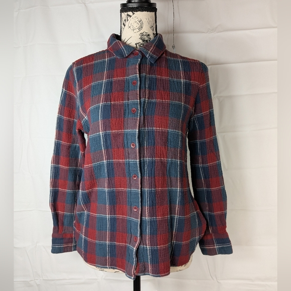 Garnet Hill Womens Size 8 Navy Blue Red Plaid Button Flannel Shirt Cotton - Picture 1 of 13